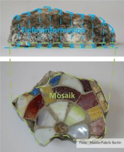 Objekterfassung Mosaik Vorderseite und Tiefeninformationen der Rückseite durch die 2,5-D Scansysteme © MusterFabrik Berlin