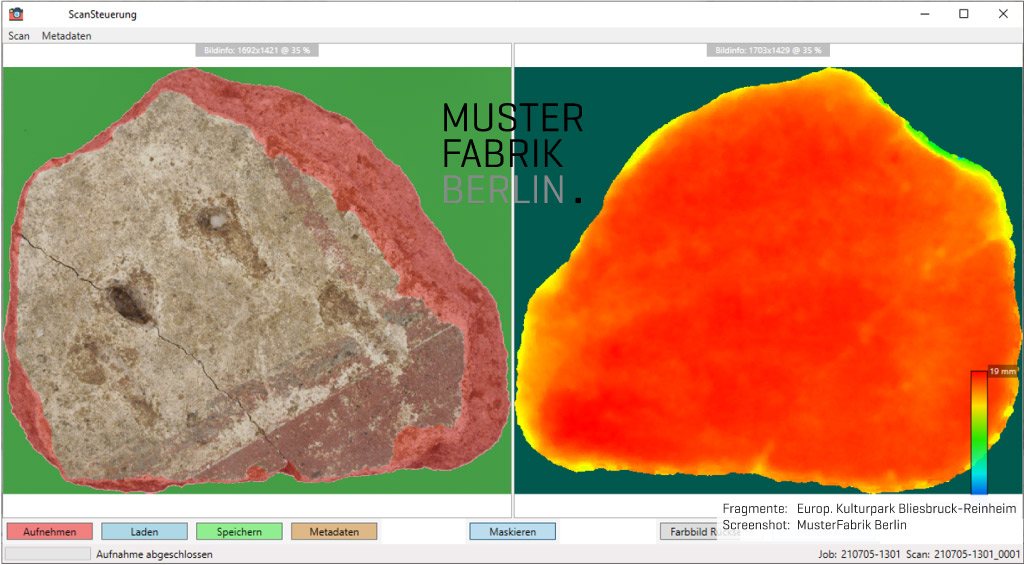 Motif and render area of the front and elevation map of a 2.5-D scan in the DigiGlue project at MusterFabrik Berlin